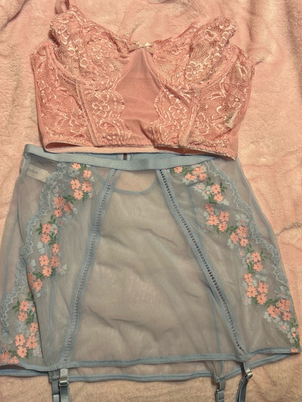 Pink Lace Bustier with Blue Floral Embroidered Garter Slip